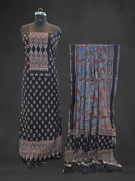 Black blue'n'maroon ajrakh print Chanderi silk cotton suit